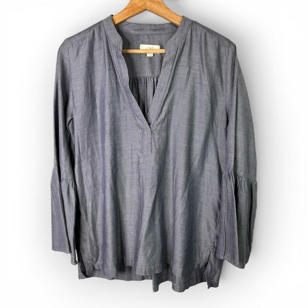 LOFT Womens size Small Blue Popover Chambray Bell Sleeve Blouse Boho Chic